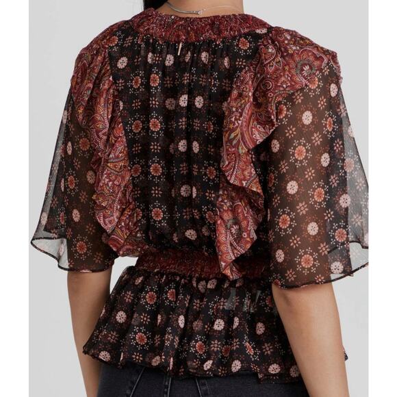 $295 MISA Women's Red Paisely Print Deep V-Neck Blouse Top Size XS - Picture 2 of 7